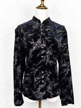 Y2K R&M Richards Black Velvet Silver Floral Rhinestone Whimsygoth Jacket Size 12